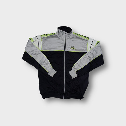Kappa track jacket in grey, black, and neon yellow with embroidered chest logo