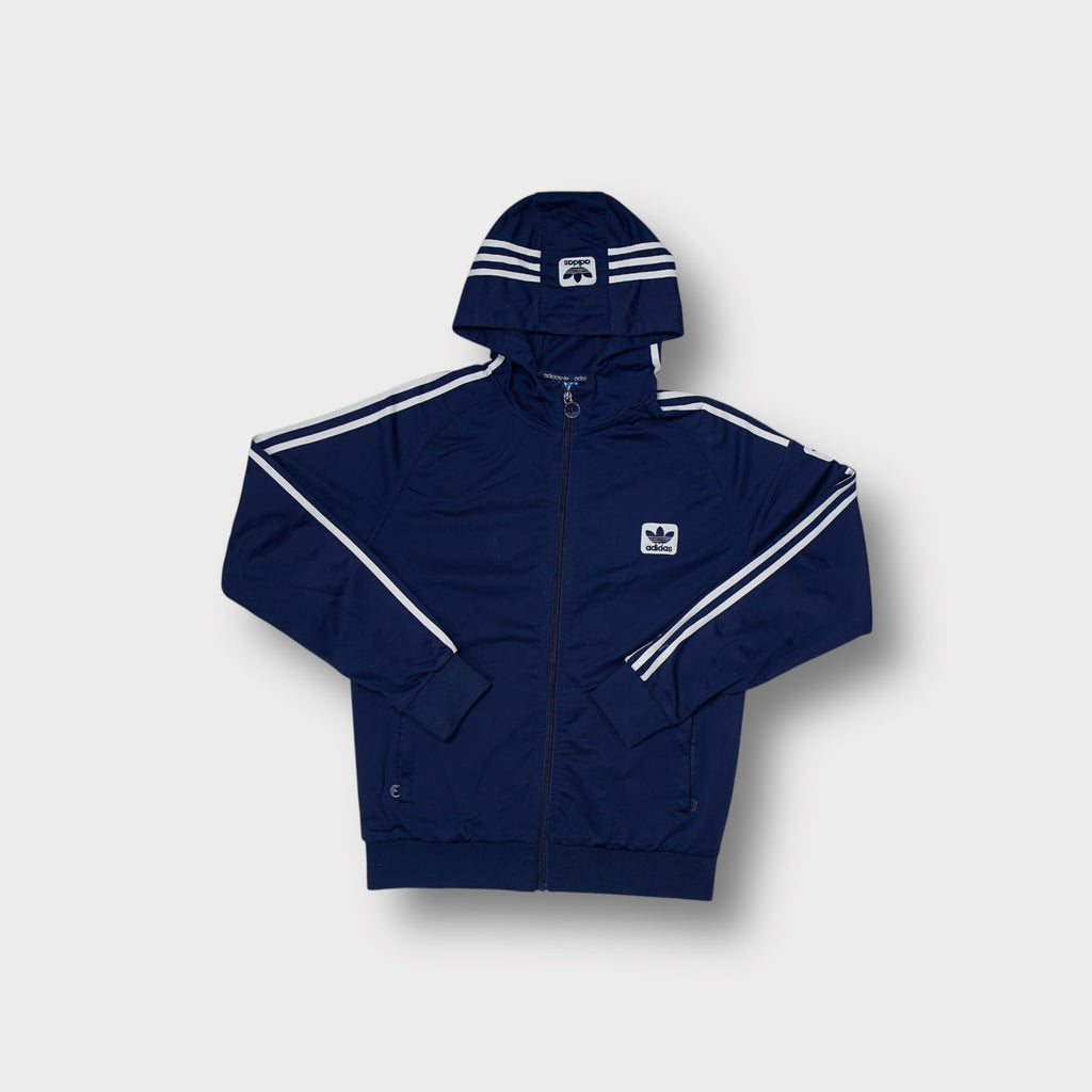Navy Adidas sweater with white stripes along the hood and sleeves