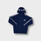 Navy Adidas sweater with white stripes along the hood and sleeves