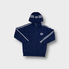 Load image into Gallery viewer, Navy Adidas sweater with white stripes along the hood and sleeves