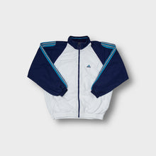 Load image into Gallery viewer, Adidas track jacket in white and navy with blue stripe details on the sleeves.