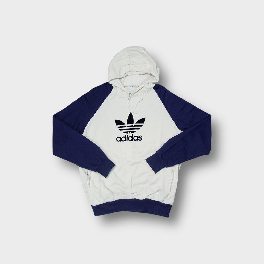 Adidas 90s hoodie in white and navy featuring a large printed trefoil front logo.