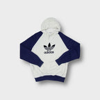 Adidas 90s hoodie in white and navy featuring a large printed trefoil front logo.