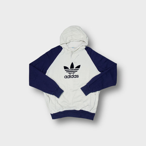 Adidas 90s hoodie in white and navy featuring a large printed trefoil front logo.