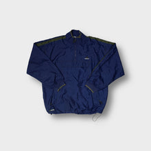 Load image into Gallery viewer, Adidas navy windbreaker jacket with olive shoulder stripes and embroidered logo