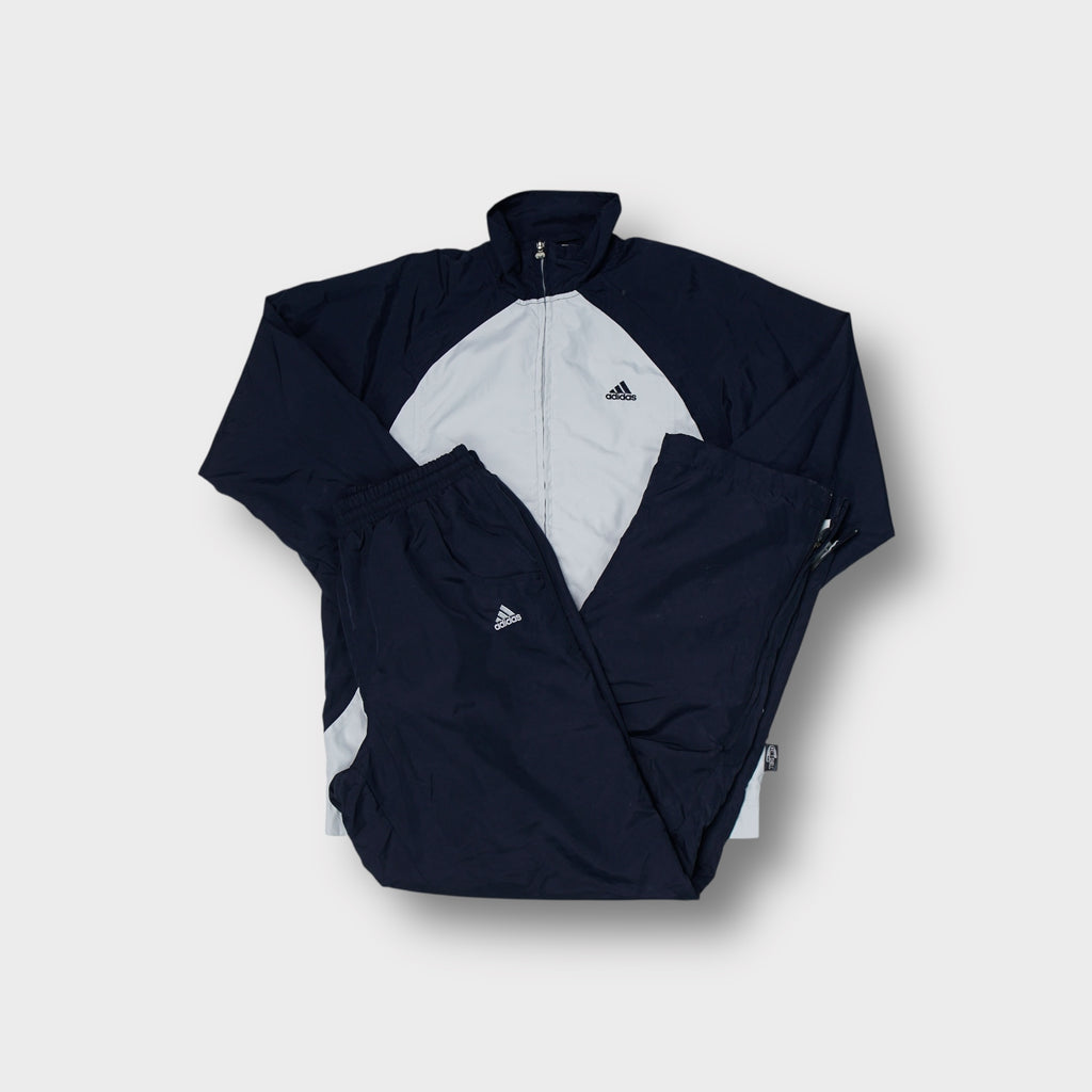 Adidas navy tracksuit jacket and pants set with white contrast chest panels