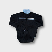 Load image into Gallery viewer, Fila black tracksuit set with light blue chest stripes and embroidered logo
