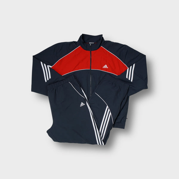 Adidas full tracksuit set in navy blue with red panel and white three stripes