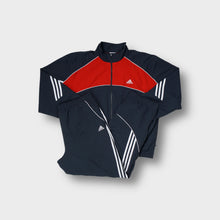 Load image into Gallery viewer, Adidas full tracksuit set in navy blue with red panel and white three stripes