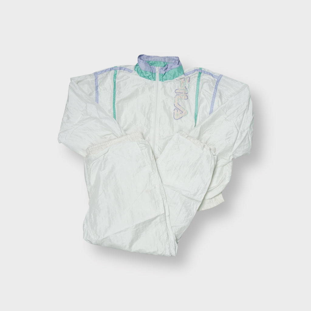 Fila track jacket and pants in white with purple and green collar trim and chest logo