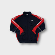 Load image into Gallery viewer, Adidas track jacket in navy blue with red panels and white sleeve piping