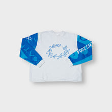 Lade das Bild in den Galerie-Viewer, White and blue Adidas sweater with Athens 2004 Olympics sleeve prints and laurel wreath