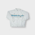 Adidas white track jacket with a blue and yellow wavy graphic print across chest