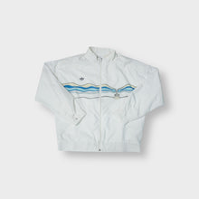 Load image into Gallery viewer, Adidas white track jacket with a blue and yellow wavy graphic print across chest