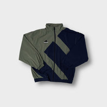 Load image into Gallery viewer, Adidas Equipment track jacket in olive green and navy blue with large embroidered logo.