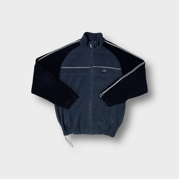 Adidas fleece jacket in navy and black featuring white sleeve stripes