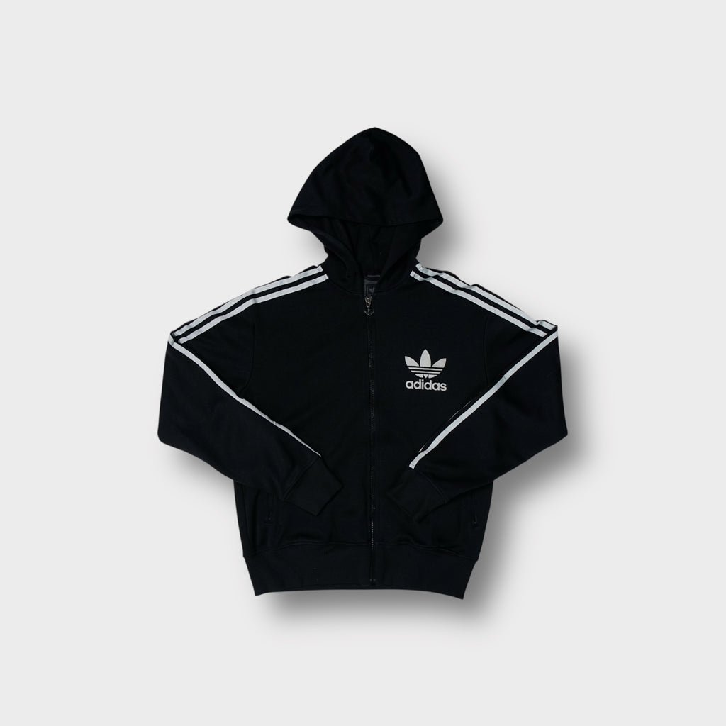 Adidas Originals zip-up hoodie in black with white trefoil logo and three stripes