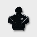 Adidas Originals zip-up hoodie in black with white trefoil logo and three stripes