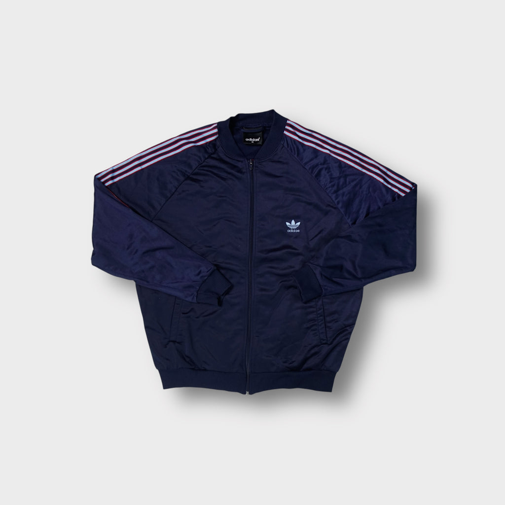 Adidas navy track jacket with sky blue three-stripe sleeves and back Trefoil logo