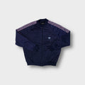 Adidas navy track jacket with sky blue three-stripe sleeves and back Trefoil logo