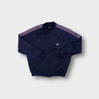 Adidas navy track jacket with sky blue three-stripe sleeves and back Trefoil logo
