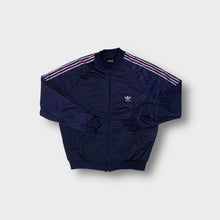 Load image into Gallery viewer, Adidas navy track jacket with sky blue three-stripe sleeves and back Trefoil logo