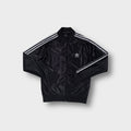 Black Adidas track jacket featuring white three stripes on sleeves and trefoil chest logo