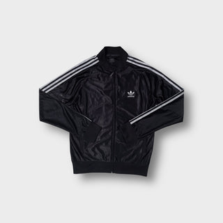 Black Adidas track jacket featuring white three stripes on sleeves and trefoil chest logo
