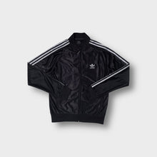 Load image into Gallery viewer, Black Adidas track jacket featuring white three stripes on sleeves and trefoil chest logo