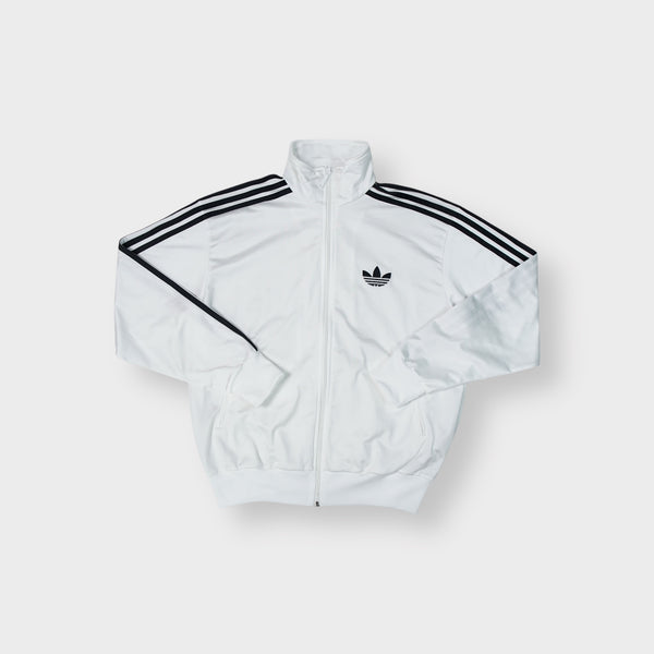 Adidas track jacket in white and black with embroidered trefoil logo and three stripes