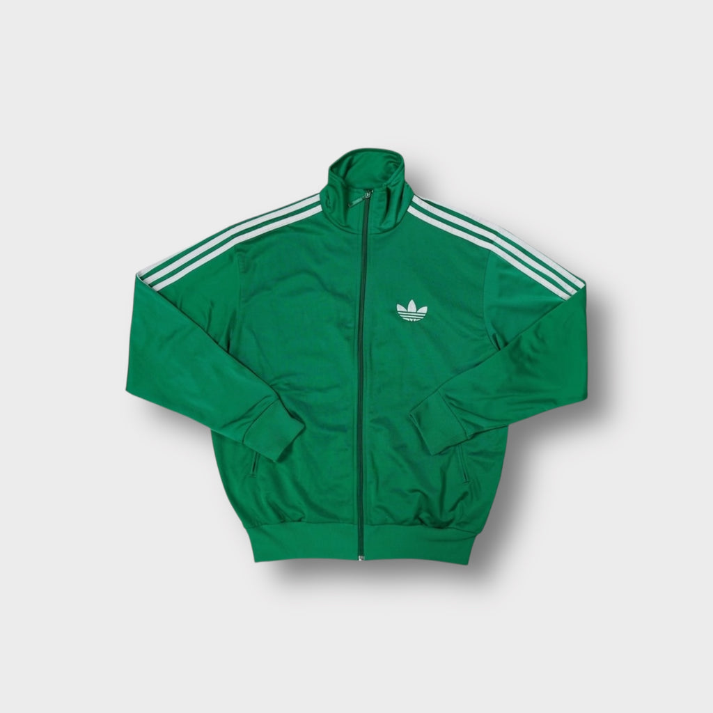 Adidas green track jacket with white three-stripes on sleeves and trefoil chest logo