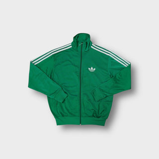 Adidas green track jacket with white three-stripes on sleeves and trefoil chest logo