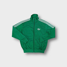 Load image into Gallery viewer, Adidas green track jacket with white three-stripes on sleeves and trefoil chest logo
