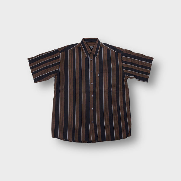 Hugo Boss short-sleeve shirt in black and brown with vertical stripes