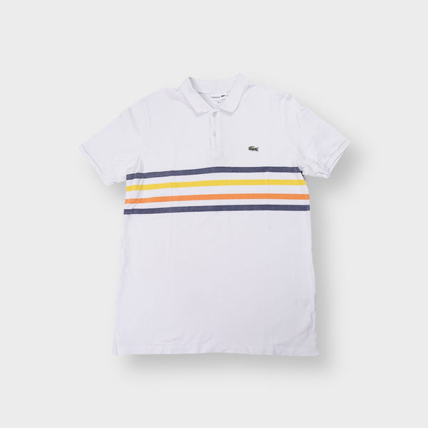 Lacoste polo shirt in white with multi-colour chest stripes and embroidered crocodile patch