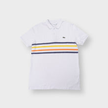 Load image into Gallery viewer, Lacoste polo shirt in white with multi-colour chest stripes and embroidered crocodile patch
