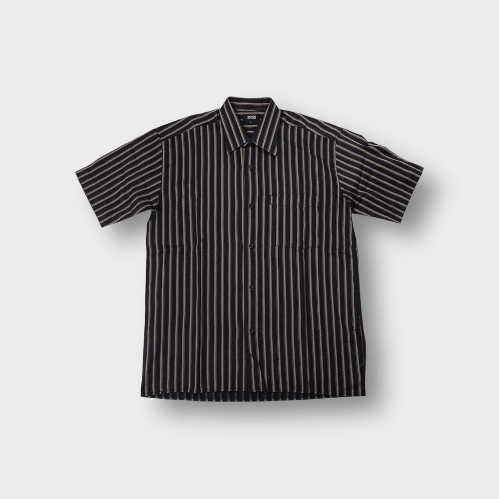 Hugo Boss short-sleeve shirt in black and beige vertical stripes with a chest pocket