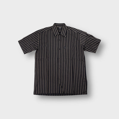 Hugo Boss short-sleeve shirt in black and beige vertical stripes with a chest pocket