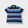 Lacoste blue and white striped polo shirt with an embroidered chest crocodile logo