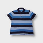 Lacoste blue and white striped polo shirt with an embroidered chest crocodile logo