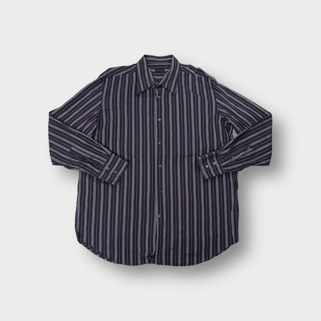 Joop button-up shirt in navy blue with fine white vertical stripes and collar.