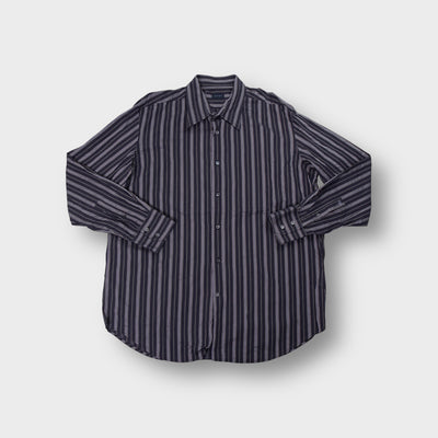 Joop button-up shirt in navy blue with fine white vertical stripes and collar.