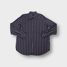 Load image into Gallery viewer, Joop button-up shirt in navy blue with fine white vertical stripes and collar.