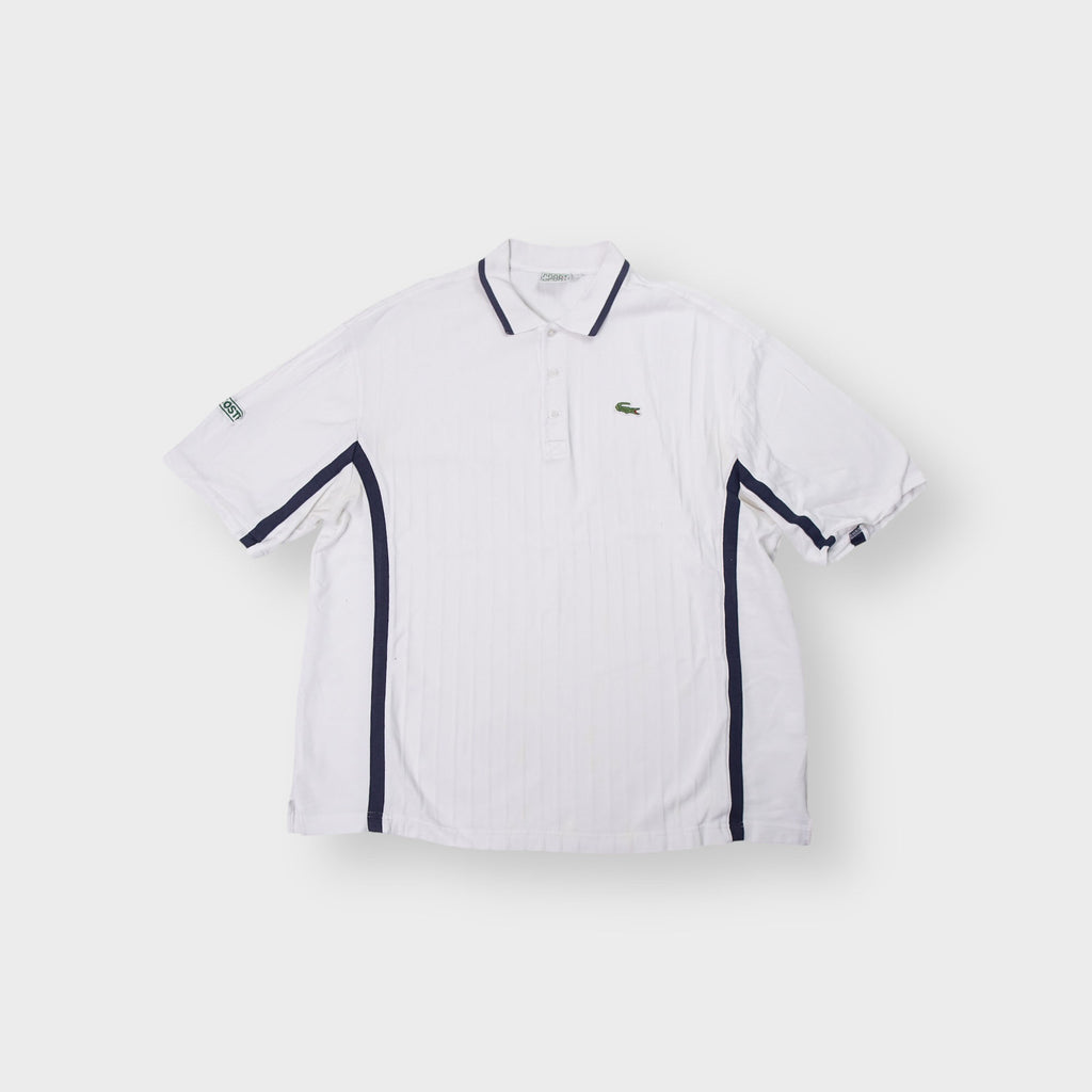 Lacoste Sport white polo shirt with navy blue side piping and embroidered logo