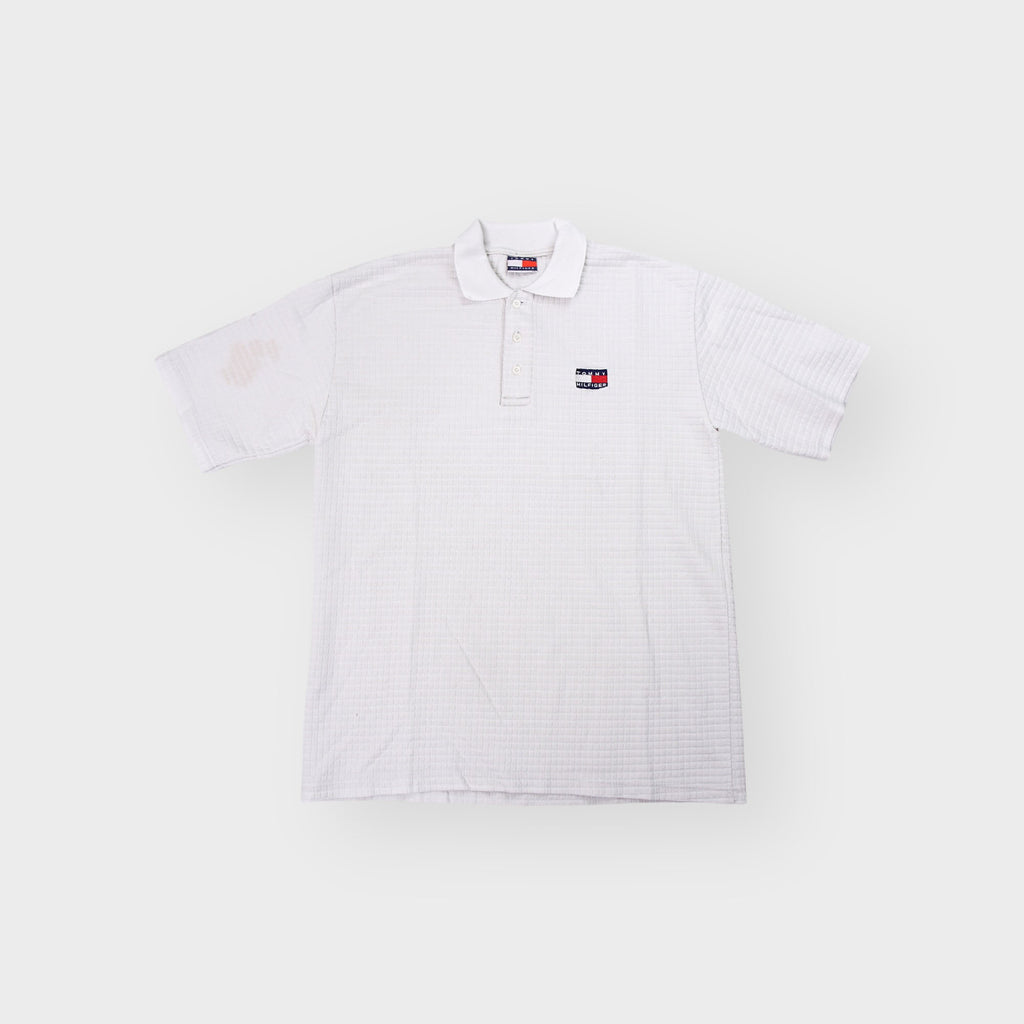 Tommy Hilfiger polo shirt in white textured waffle knit with embroidered chest logo patch