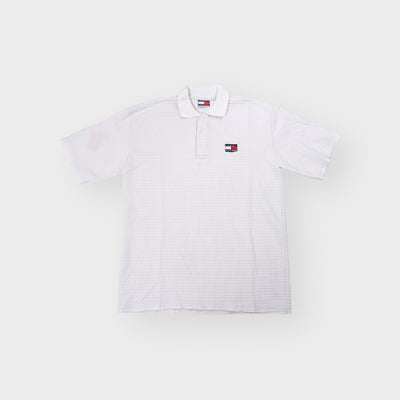 Tommy Hilfiger polo shirt in white textured waffle knit with embroidered chest logo patch