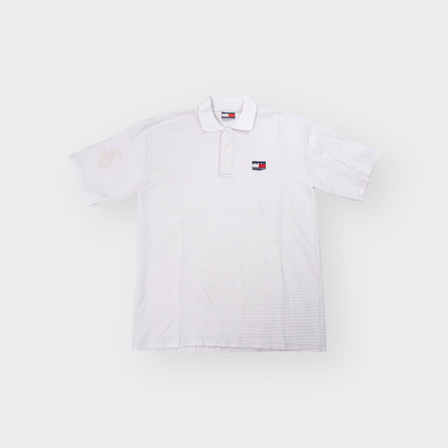 Tommy Hilfiger polo shirt in white textured waffle knit with embroidered chest logo patch
