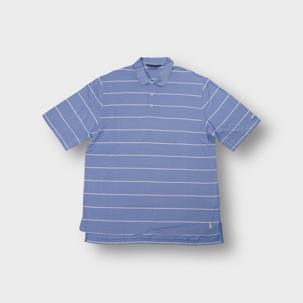 Ralph Lauren blue striped polo shirt with small white embroidered pony logo at hem