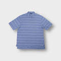 Ralph Lauren blue striped polo shirt with small white embroidered pony logo at hem