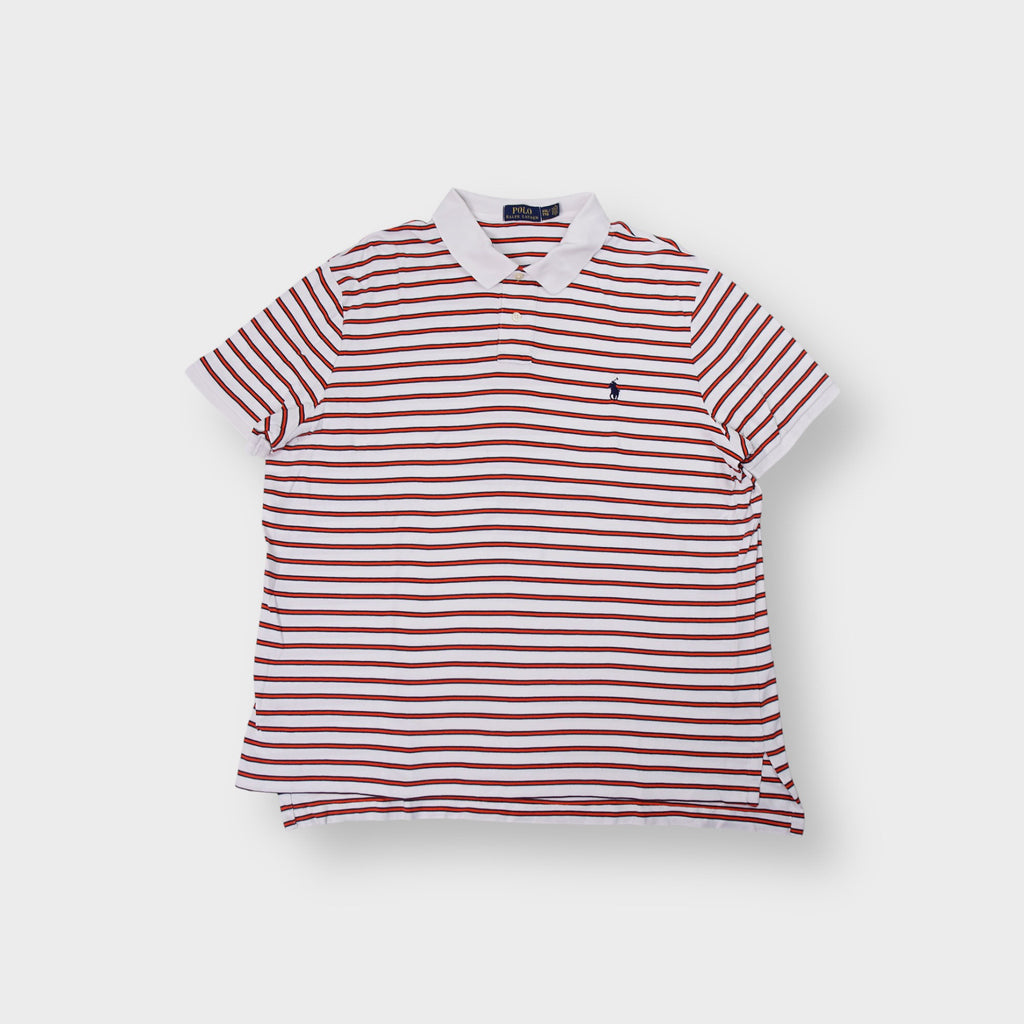 Ralph Lauren polo shirt in white, navy, and orange stripes with embroidered logo